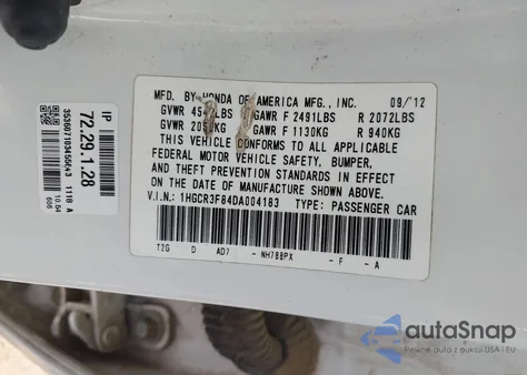 2013 Honda Accord Ex-L V-6 from USA, damaged, VIN 1HGCR3F84DA004183